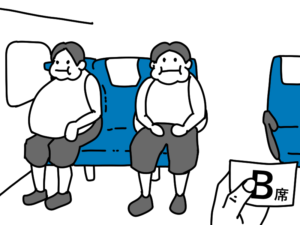 ふくよかな体型の人に挟まれた席のチケットを持つ人