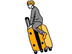 スーツケースに乗る男性のイラスト