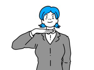 あと少しで思い出せそうだとここまで出かかってるのポーズをする女性のイラスト