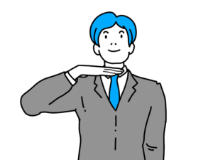 あと少しで思い出せそうだとここまで出かかってるのポーズをする男性のイラスト