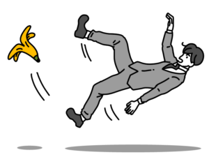 バナナの皮で滑って転ぶ男性のイラスト