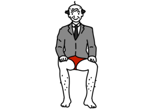 リモート会議で上はスーツで下はパンツ一丁の服装のおじさんのイラスト テレワーク