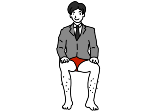 リモート会議で上はスーツで下はパンツ一丁の服装の男性のイラスト テレワーク