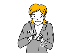 揉み手をして相手のご機嫌を伺う女性のイラスト