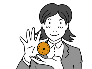 手に持ったみかんが浮いているように見える女性のイラスト