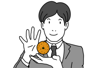 手に持ったみかんが浮いているように見える男性のイラスト