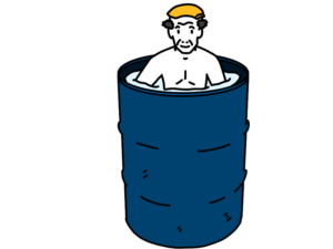 ドラム缶風呂に入っているおじさんのイラスト