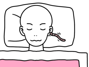 寝ている人の耳にミミズが入ろうとしているイラスト