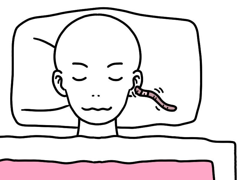寝ている人の耳にミミズが入ろうとしているイラスト